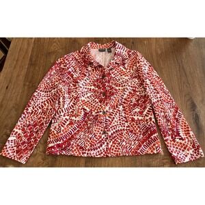 Chico's Additions Jacket Size 1 M 8 Women Red Abstract Print Button Front Blazer